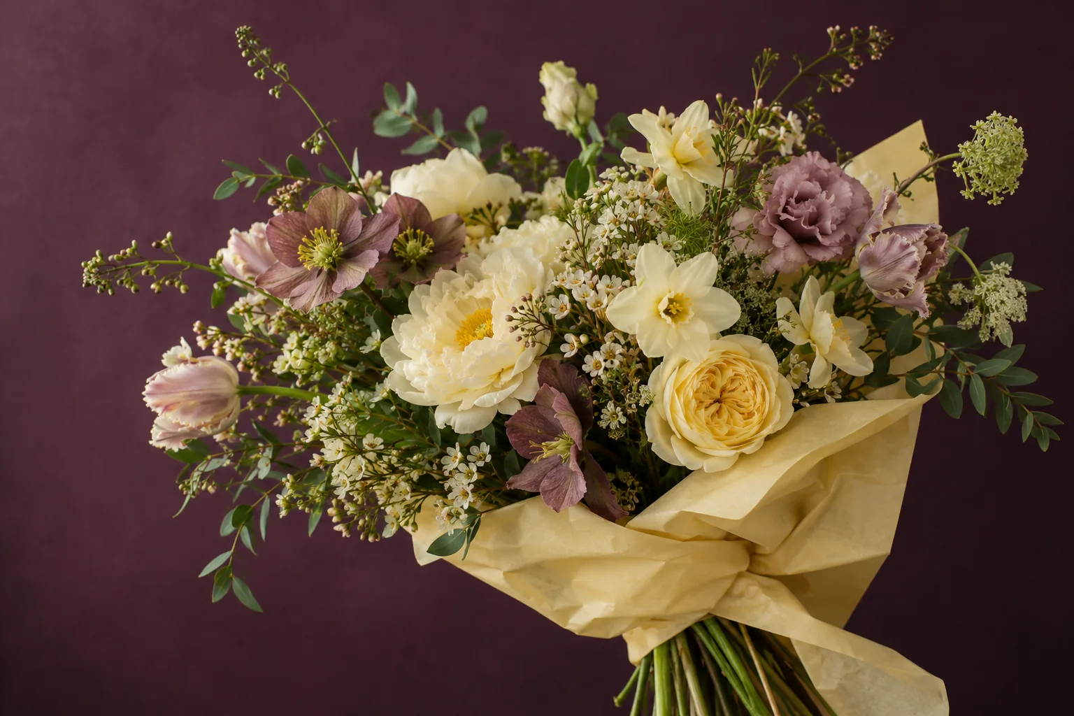 Illustrative cream yellow and mauve bouquet wrapped in paper against an aubergine backdrop